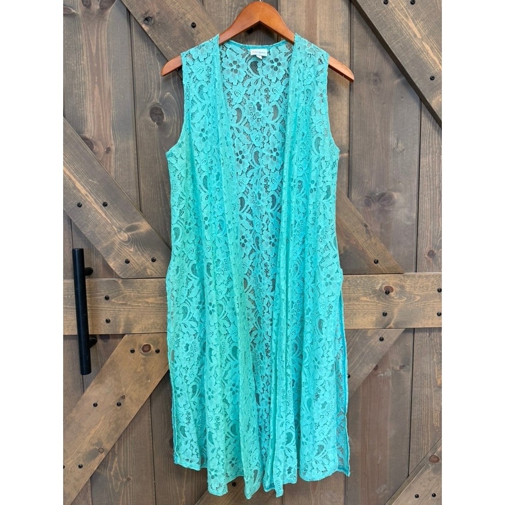 LuLaRoe Joy Duster Vest Women Small Turquoise Good Floral Lace Cardigan